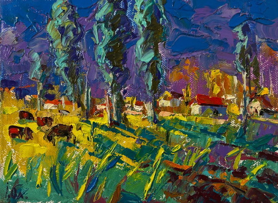 Image 1 of Original Oil Painting Summer Village Landscape Country Nights