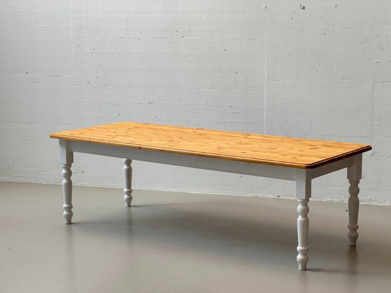 Image 1 of Large country-style dining table, solid wood, white painted, 1980s