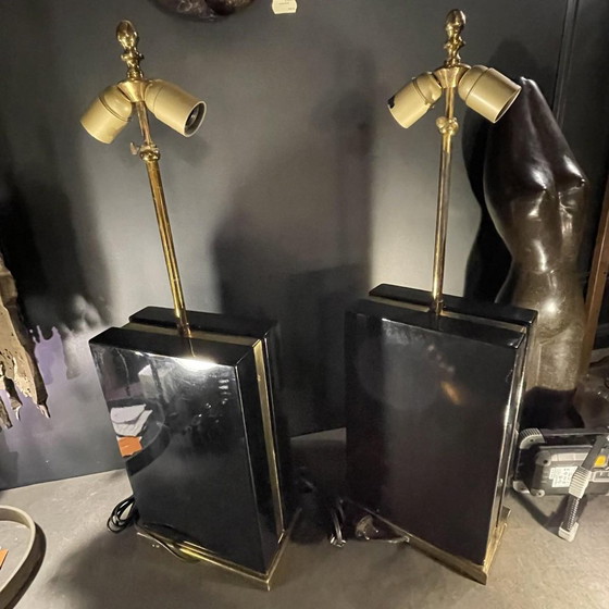 Hollywood Regency Lampen aus schwarzem Lack und Messing, 1970er Jahre, 2er Set – Tischlampen, Metal, Brass (photo 10 of 13)