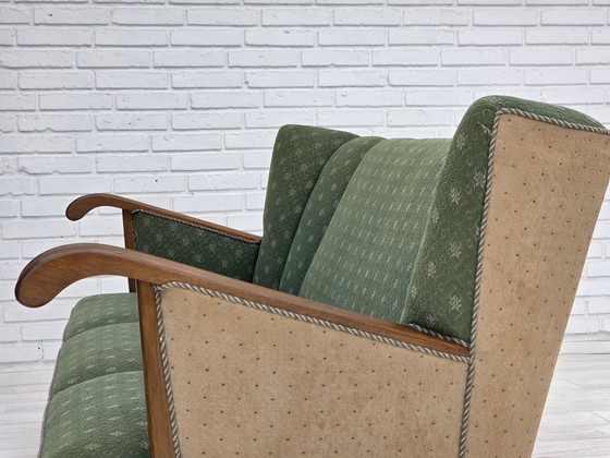 Image 1 of Años 50, sofá danés de 3 plazas, tejido de lana de mobiliario verde/beige, madera de roble.