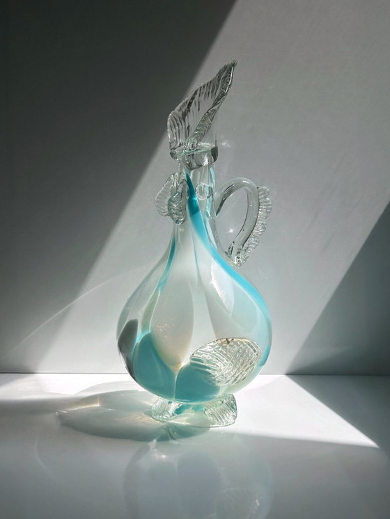 Image 1 of Vintage Murano Vase Fleurs Fait à la main Coq Poule Bleu 70s Mid Century Italie Soufflé à la bouche