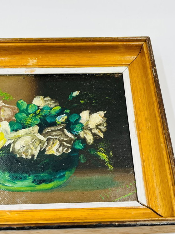 Image 1 of Paire de petites huiles florales vintage encadrées