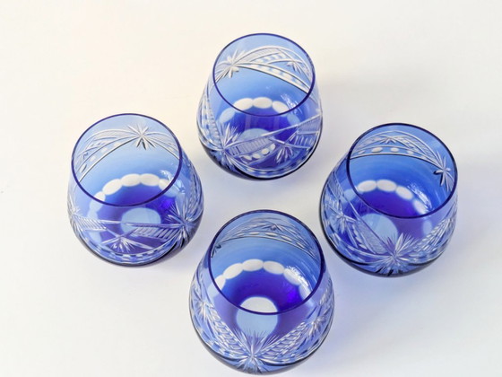 Image 1 of Vintage Cobalt Blue Cut Glass Goblets, Römer Style, Set of 4