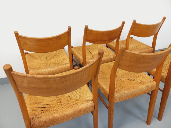 Image 1 of Suite de 6 chaises vintage italiennes en teck et corde danoise Gessef Consorzio Sedie Friuli