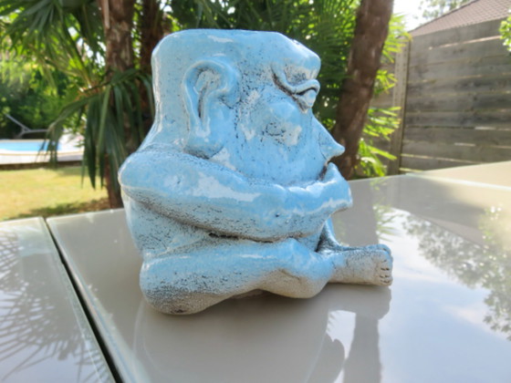 Image 1 of anthropomorphic vase in blue glazed ceramic, 1990