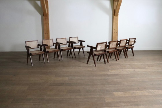 Image 1 of Ensemble de 8 chaises de bureau en rotin Pierre Jeanneret, Inde, années 1950