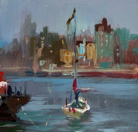 Image 1 of Original Oil Painting City Coastal Landscape Ship at the pier