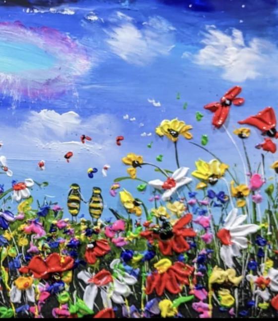 Image 1 of Evelina VINE - Mundo de abejas - Lienzo de artista enmarcado bajo cristal