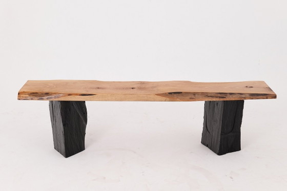Image 1 of Live Edge Solid Wood Bench with Charred Legs, Organic Modern by Logniture