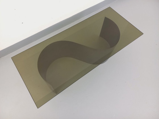 Image 1 of Vintage Space Age rectangular coffee table in steel and smoked glass from the 1970s