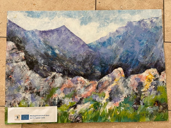 Image 1 of 10x landschappen, acryl op papier, niet ingelijst