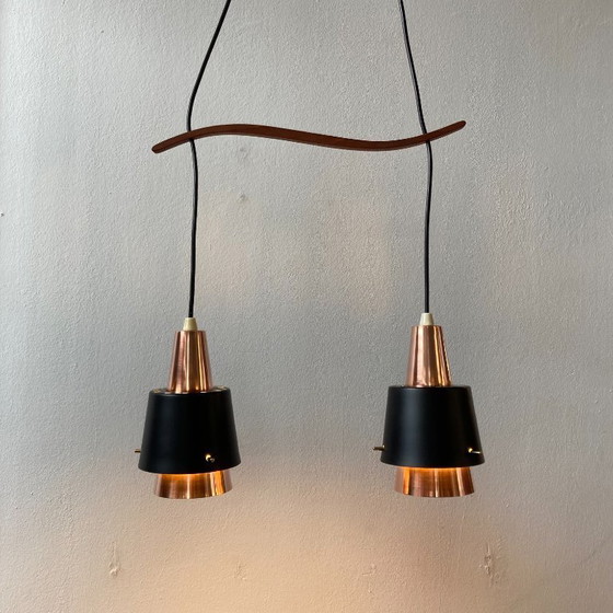 Image 1 of Danish vintage double pendant lamp with teak – in the style of Bent Karlby