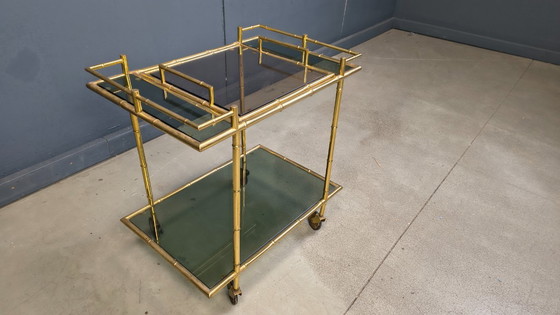 Image 1 of Chariot de service vintage en laiton imitation bambou, années 1960
