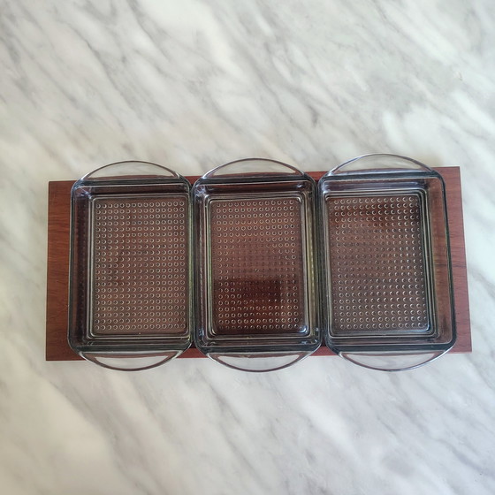 Image 1 of Danish Design Teak Lightly stained glass Aperitif tray