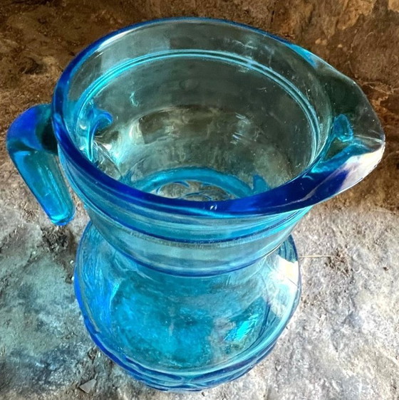 Image 1 of Vintage Fidenza Vetraria Italy kan en 3 blauwe glazen, jaren 50