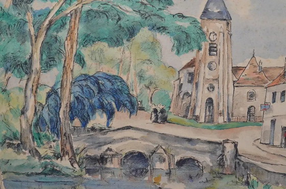 1929 Ogui Paisaje de Pueblo Modernista Europeo Acuarela y Gouache – Pinturas y dibujos, Paper (photo 8 of 10)