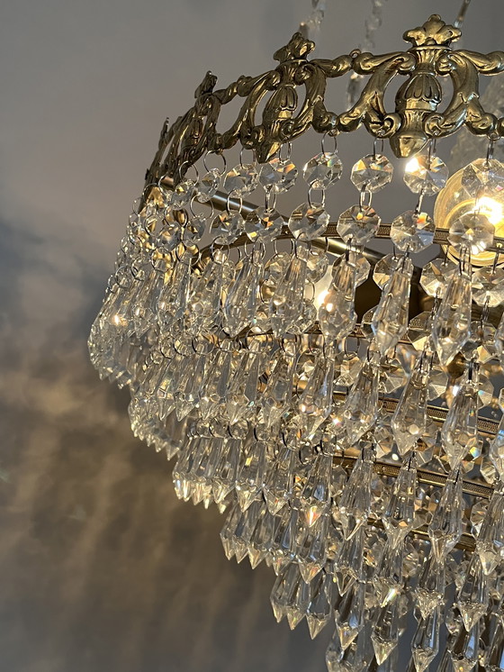 Image 1 of Vintage Crystal Chandelier Pendant Lamp Bronze Gold Frame