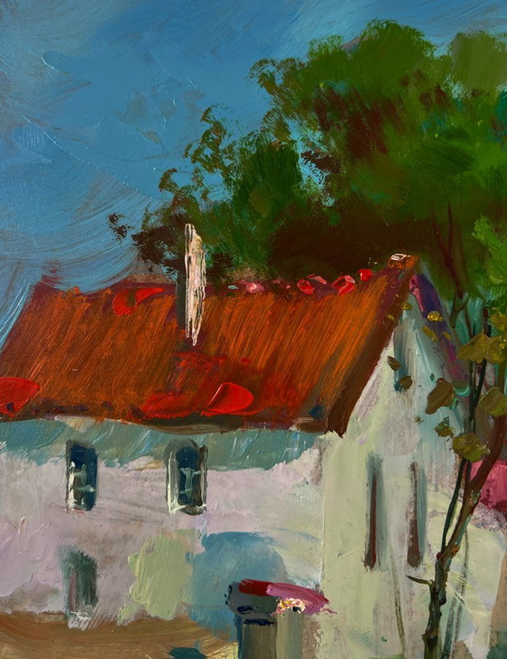 Original Oil Painting Rural Landscape Village Stream – Paintings & Drawings, Mdf (photo 6 of 10)