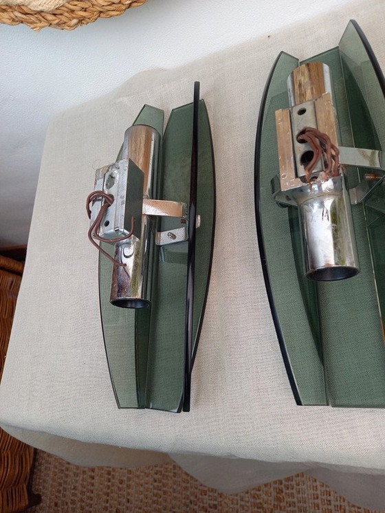 Image 1 of Paar VECA Italiaanse wandlampen voor Fontana Arte - verchroomd staal en kristalglas - jaren '60