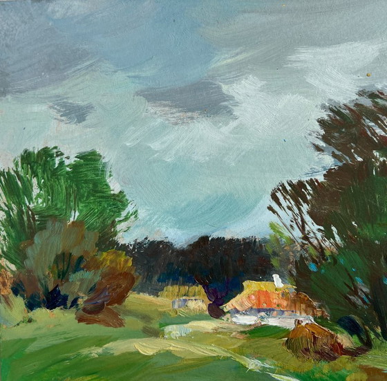 Image 1 of Pintura al óleo original Paisaje fluvial costero Río cerca del pueblo