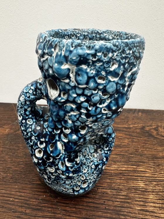 Image 1 of Small Vintage Fat Lava Blue Ceramic Vase