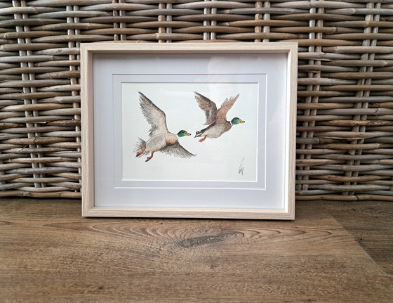 Image 1 of Watercolor painting flying ducks | Original in frame