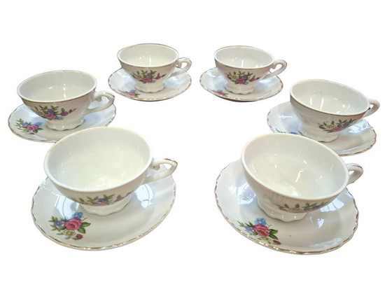 Image 1 of Set van 6 verzamelbare vintage Japanse porseleinen theekopjes – jaren 1950