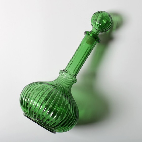 Image 1 of Vintage Emerald Green Glass Decanter / Rare Bottle with Stopper / Empoli / Italy / 1970s