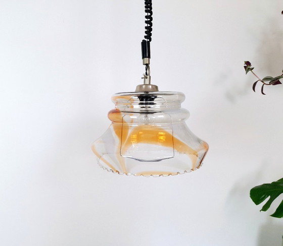 Image 1 of Suspension vintage en verre de Murano / Orange et blanc / Lampe suspendue moderne du milieu du siècle / Italie années 1970