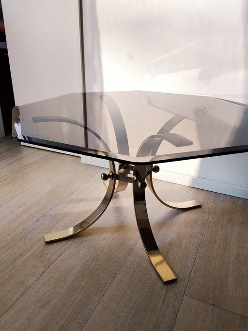 Table basse vintage, laiton et verre fumé, Ø 90 cm • Style années 70/80 • Design rétro, Hollywood Regency