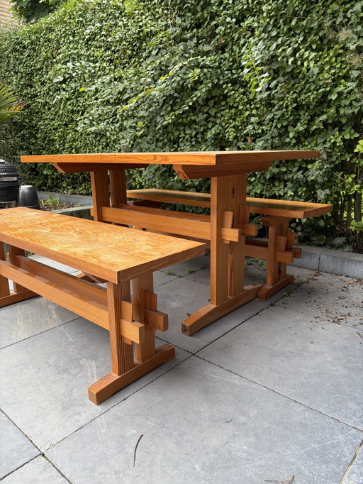 Set da pranzo vintage Wabi Sabi in pino stile Perriand anni Settanta