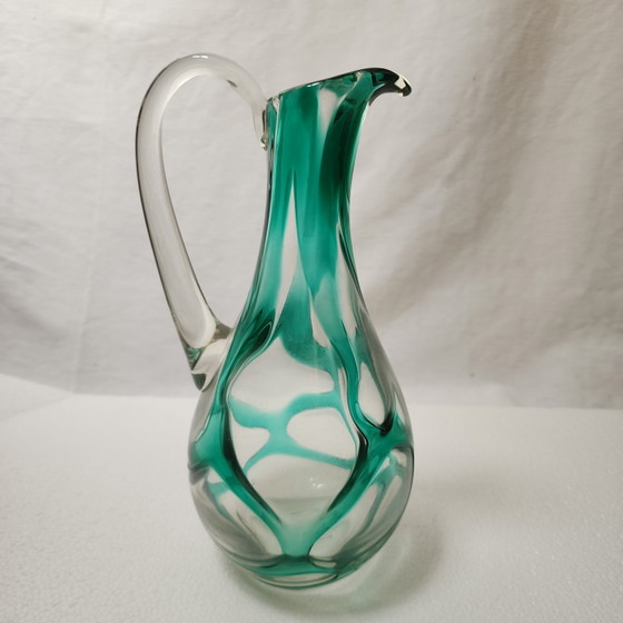 Handgeblazen kunstglazen kan uit het midden van de 20e eeuw in turquoise groen – organische, vrije vorm (photo 9 of 12)
