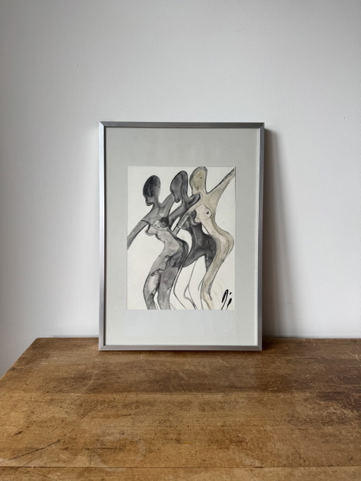 Original 1970s Modernist Drawing - "Three Graces" Ink & Watercolor – schilderijen tekeningen, Aluminium (photo 2 of 6)
