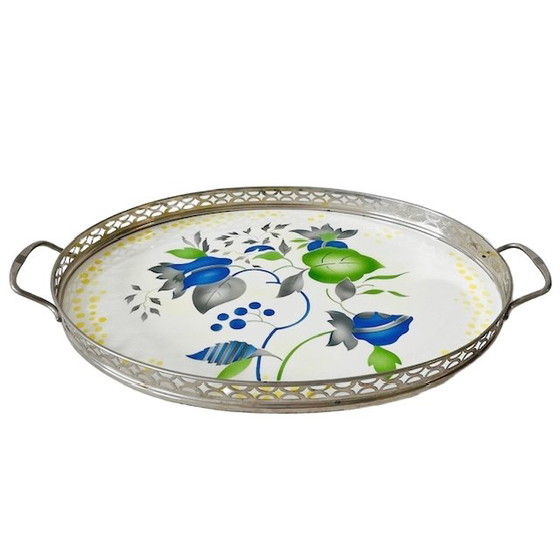Image 1 of Plateau Artdeco porcelaine et métal fleurs graphiques