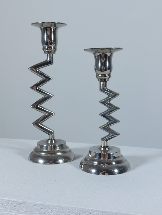 Image 1 of Coppia di candelieri vintage di design, decoro a zigzag, cromati, stile Memphis, anni '80