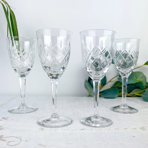 4 Vintage Cut Crystal Water Glasses – Cristallerie de Lorraine Lemberg with original label (1950s–1970s)