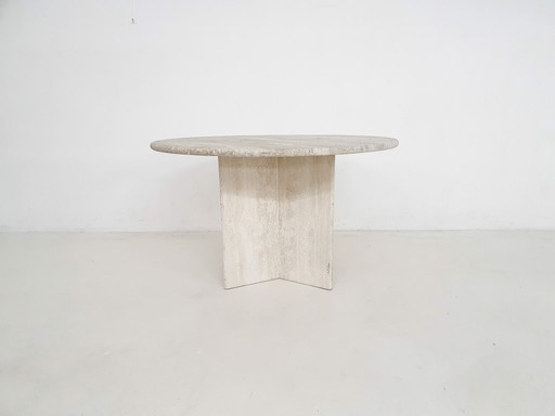 Vintage travertin ronde eettafel, Nederland 1970's