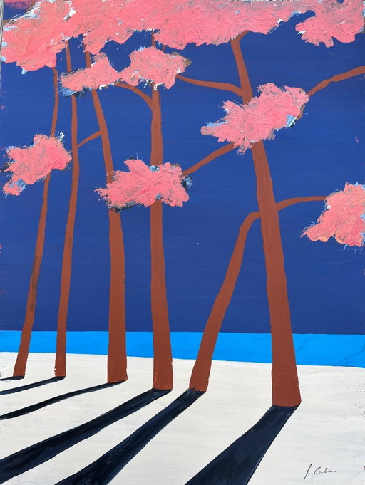 Pintura de Frédéric Cadiou, árboles rosas sobre fondo azul