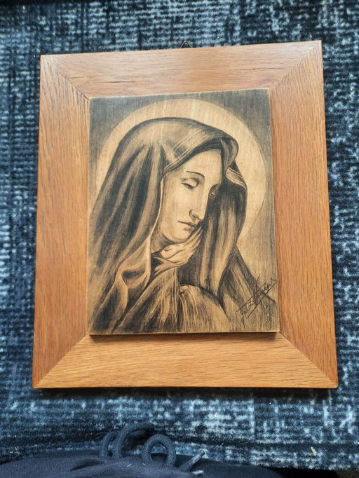 Set 2 stuks Pyrografie vintage Jezus en Maria