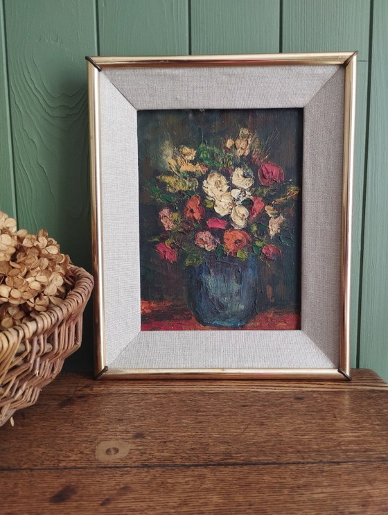Image 1 of Mazzo di fiori - Olio su tela con cornice.