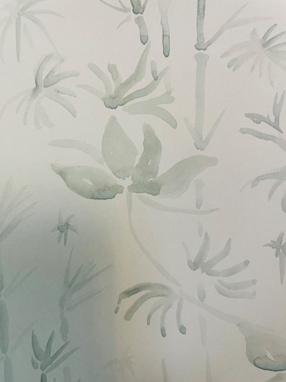 Image 1 of Signed monochrome sage green watercolor "jungle" landscape