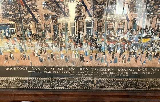 Image 1 of "Doortogt van Koning Willem II door Purmerend"; Knipselkunst schilderij uit de 19e eeuw