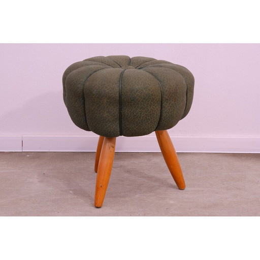 Pouf vintage Art Déco en bois de hêtre et tissu, Tchécoslovaquie 1940