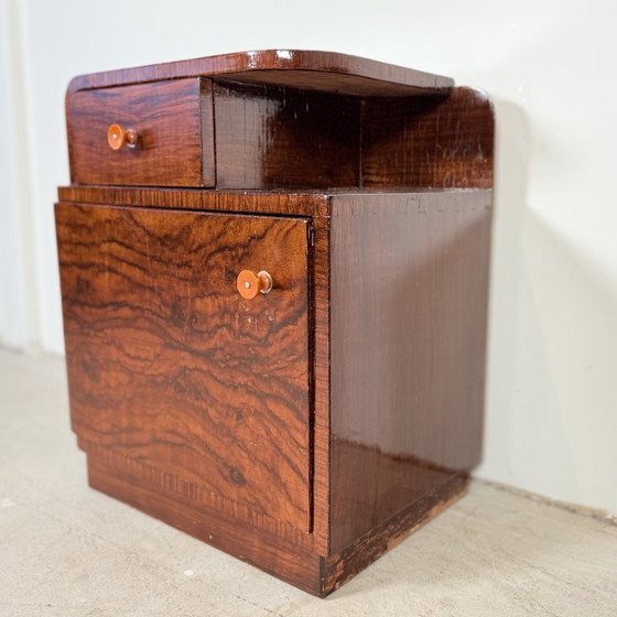 Image 1 of Set di comodini art déco marrone scuro con maniglie in bachelite