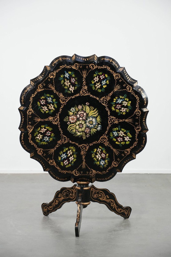 Image 1 of Antique English hand-painted floral tilt-top table from the late 19th century