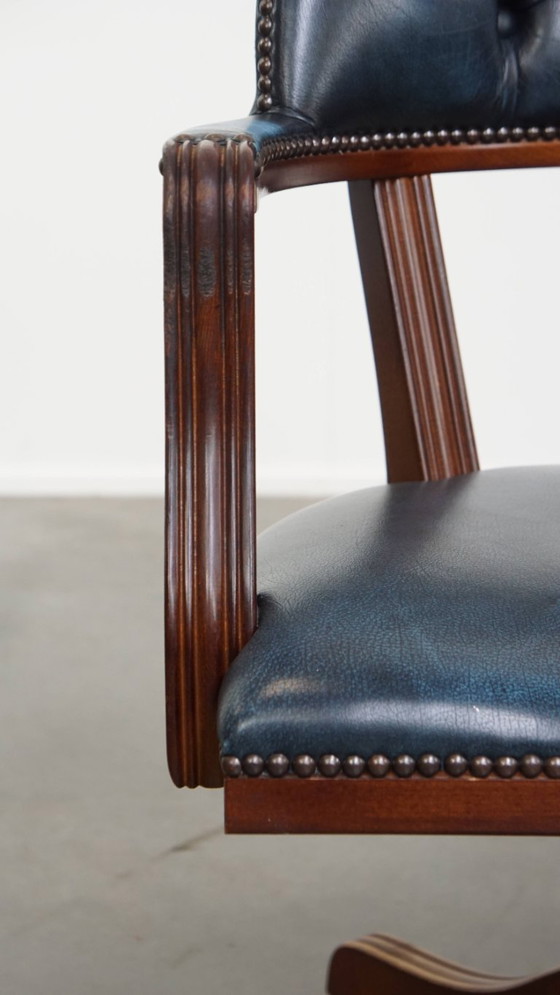 Image 1 of Blue cowhide leather and wood chesterfield office chair in English style