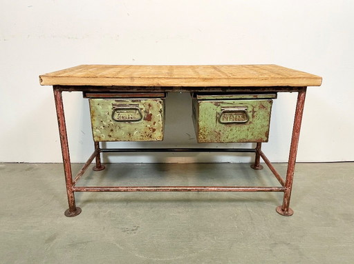Red Industrial Worktable with Two Green Iron Drawers, 1960s