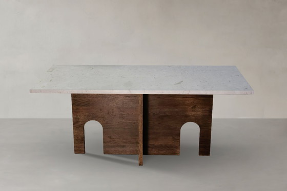 Image 1 of Mesa de centro Recta Crema Perla de piedra natural y madera maciza de roble