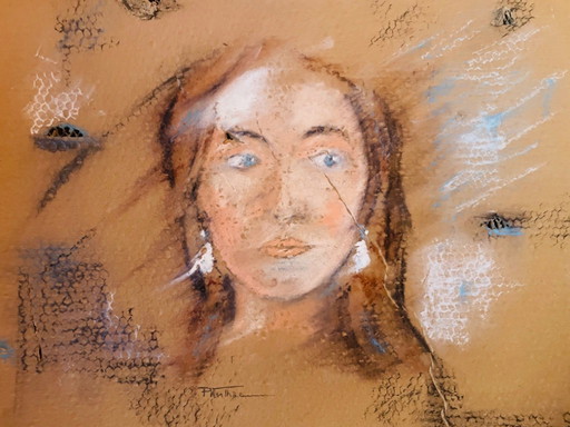 A female portrait painting created on old, worn, honeycomb-patterned cardboard packaging.