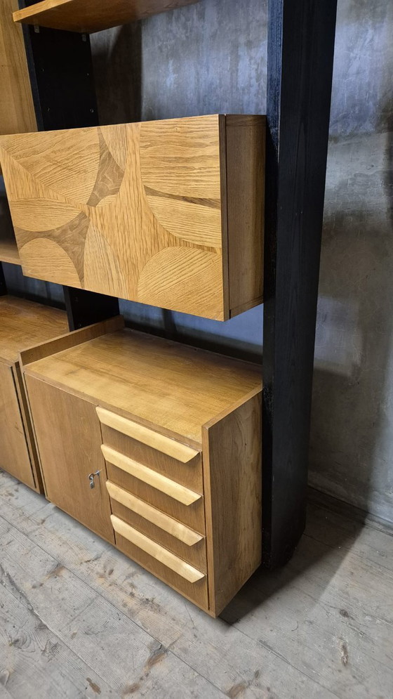 Image 1 of Vintage Czechoslovak Modular Wall Unit with Veneer Cabinets and Black Wooden Supports, 1960s–1970s
